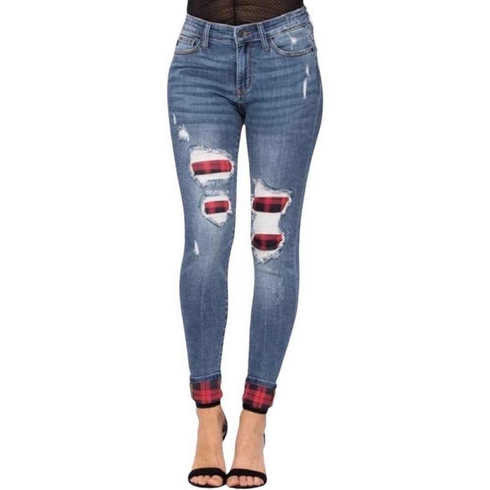 JUDY BLUE Distressed Blue Ripped Skinny JEANS w/Buffalo Plaid Red & Black 9/29